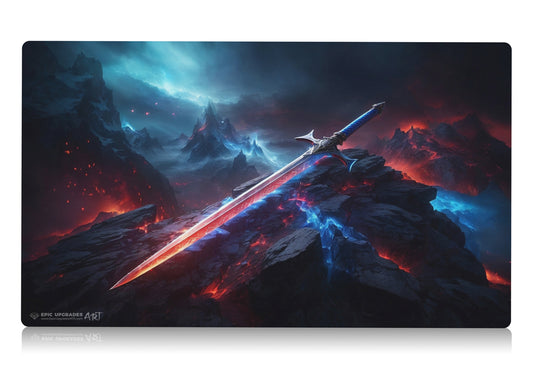 a glorious red and blue fiery and cold sword resting on a patch of burning and frozen ground. inspired by the iconic EDH sword of fire and ice equipment card mtg commander play mat 24 inches by 14 inches