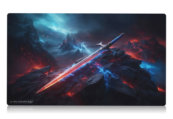 a glorious red and blue fiery and cold sword resting on a patch of burning and frozen ground. inspired by the iconic EDH sword of fire and ice equipment card mtg commander play mat 24 inches by 14 inches