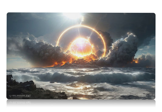An emormous ball of godly wrath strikes the ground creating mass destruction. white mana board wipe wrath of god inspired by the iconic edh control card. mtg commander play mat 24 inches by 14 inches