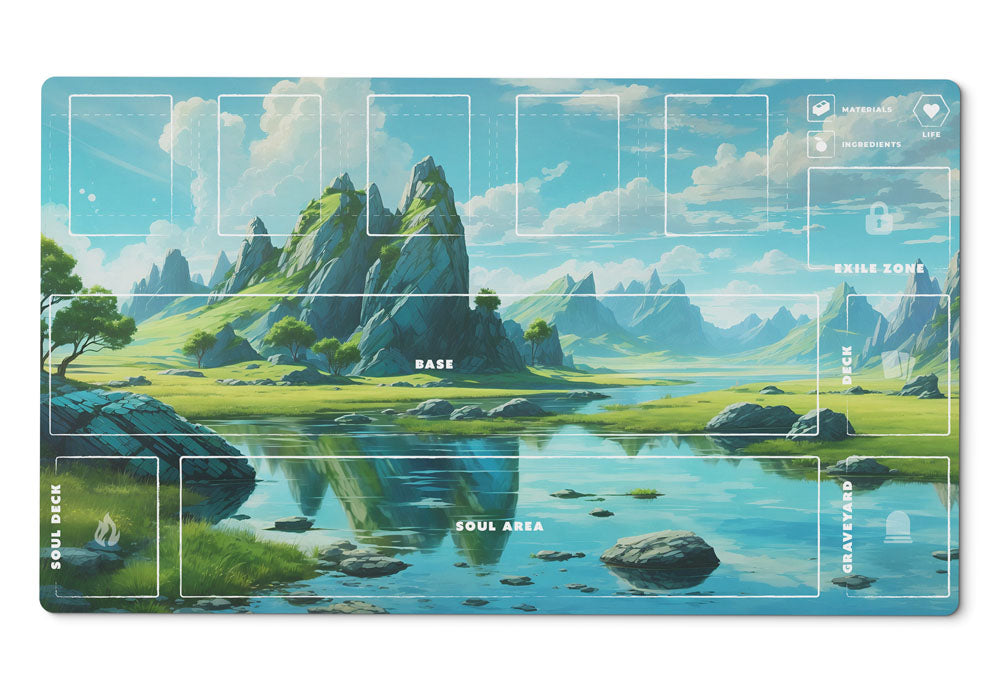 Palworld TCG playmat featuring the Emerald Highlands fantasy landscape with towering green mountains, a crystal-clear lake, and lush meadows. The 24x14-inch playmat includes clearly labeled game zones for Base, Soul Area, Soul Deck, Deck, Graveyard, Exile, Materials, Ingredients, Life, and Pal cards. Premium full-color artwork with an organized layout designed for casual and competitive Palworld TCG gameplay.