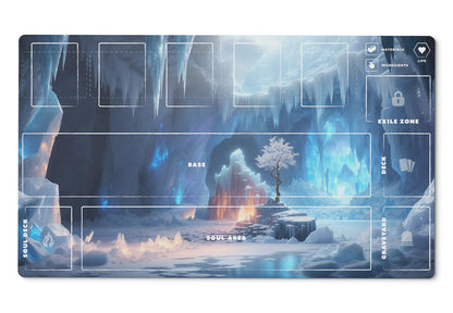 Palworld TCG playmat featuring the Crystal Cavern fantasy landscape with glowing blue ice formations, towering icicles, frozen crystals, and a snowy cavern. The 24x14-inch playmat includes clearly labeled game zones for Base, Soul Area, Soul Deck, Deck, Graveyard, Exile, Materials, Ingredients, Life, and Pal cards. Premium full-color artwork with an organized layout designed for casual and competitive Palworld TCG gameplay.