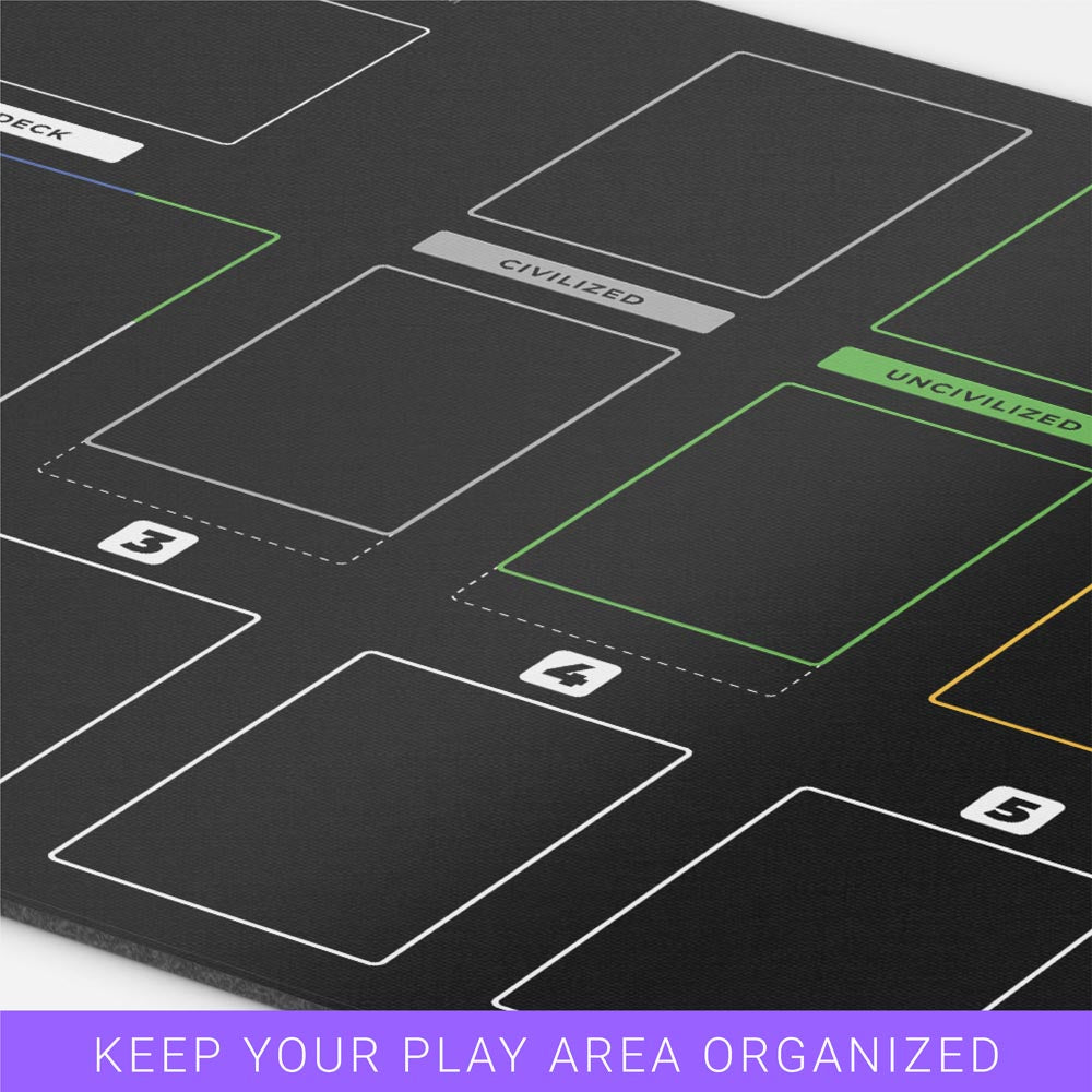 imperium horizons, classics, or legends-themed black playmat used for organizing the solo area for bot tabletop gameplay. Card organization game mat accessory 24 inches by 14 inches. 2MM Thick