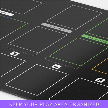 imperium horizons, classics, or legends-themed black playmat used for organizing the solo area for bot tabletop gameplay. Card organization game mat accessory 24 inches by 14 inches. 2MM Thick