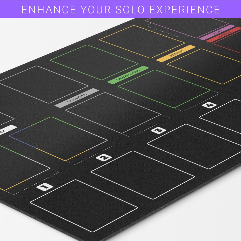 imperium horizons, classics, or legends-themed black playmat used for organizing the solo area for bot tabletop gameplay. Card organization game mat accessory 24 inches by 14 inches. 2MM Thick