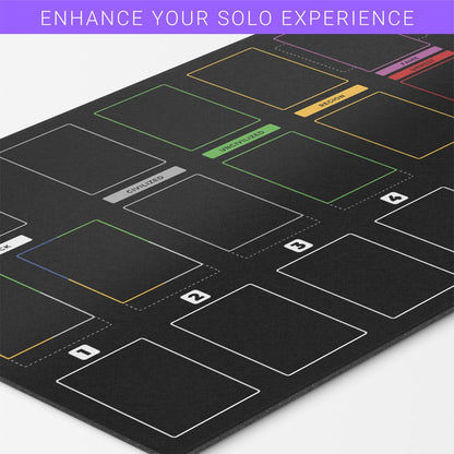 imperium horizons, classics, or legends-themed black playmat used for organizing the solo area for bot tabletop gameplay. Card organization game mat accessory 24 inches by 14 inches. 2MM Thick