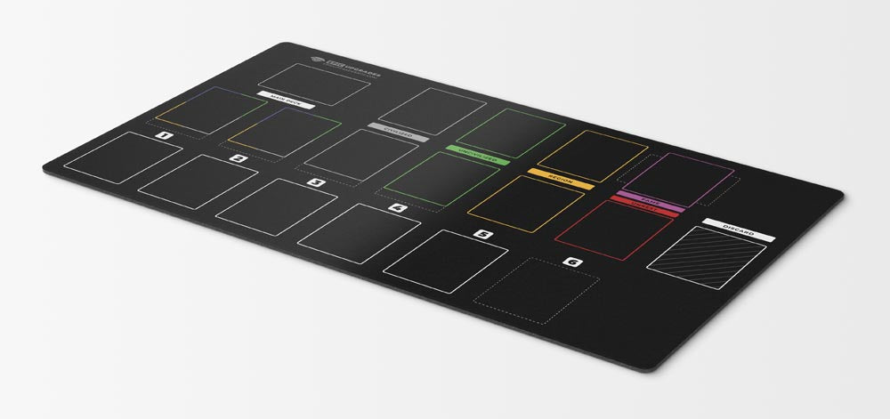imperium horizons, classics, or legends-themed black playmat used for organizing the solo area for bot tabletop gameplay. Card organization game mat accessory 24 inches by 14 inches. 2MM Thick