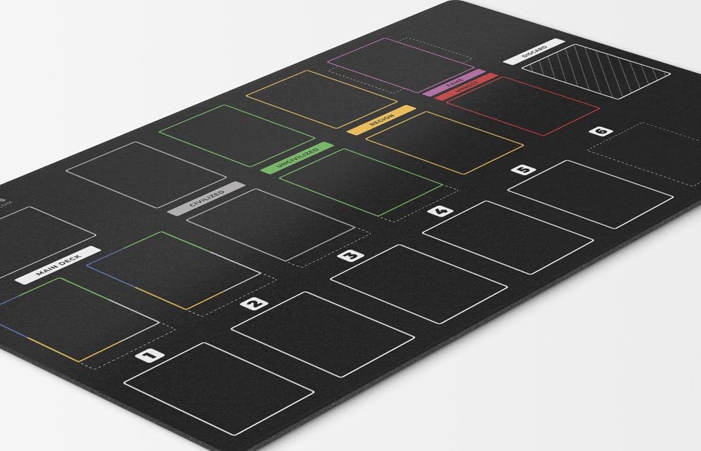 imperium horizons, classics, or legends-themed black playmat used for organizing the solo area for bot tabletop gameplay. Card organization game mat accessory 24 inches by 14 inches. 2MM Thick