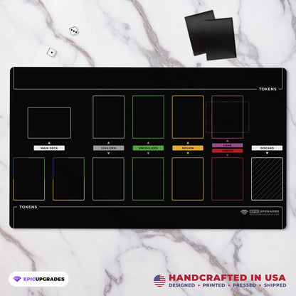 imperium horizons, classics, or legends themed black playmat used for organizing the marketplace in multiplayer tabletop gameplay. Card organization game mat accessory 24 inches by 14 inches. 2MM Thick