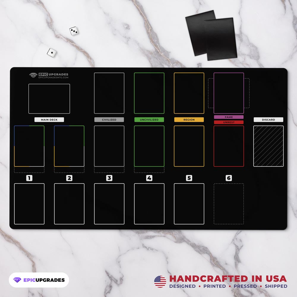 imperium horizons, classics, or legends-themed black playmat used for organizing the solo area for bot tabletop gameplay. Card organization game mat accessory 24 inches by 14 inches. 2MM Thick