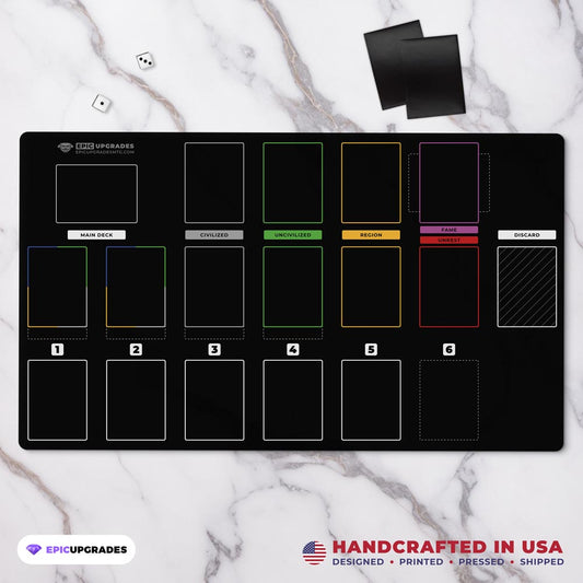 imperium horizons, classics, or legends-themed black playmat used for organizing the solo area for bot tabletop gameplay. Card organization game mat accessory 24 inches by 14 inches. 2MM Thick
