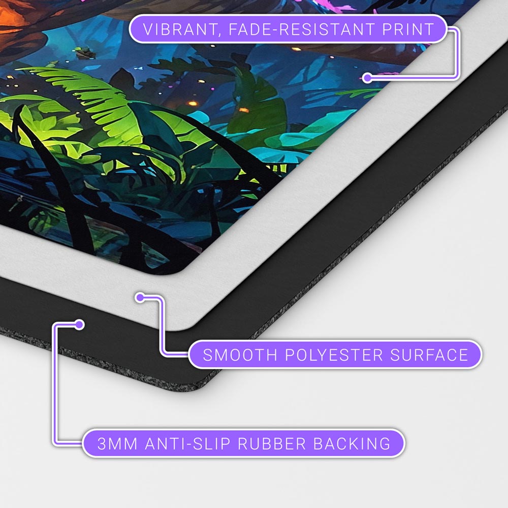 dinosaur cartoon playmat for magic the gathering players. 24" x 14" tribal card mat for commander EDH