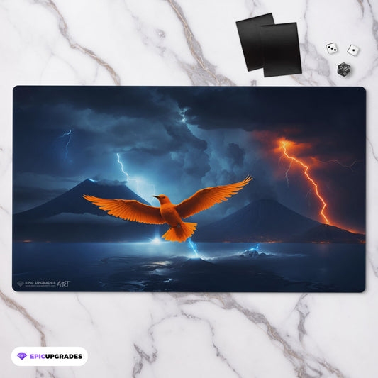 a beautiful orange bird resembling the iconic magic the gathering card Birds of Paradise. A volcano and lightning over a body of water in the background. 24 by 14 inch playmat art. bolt the bird!
