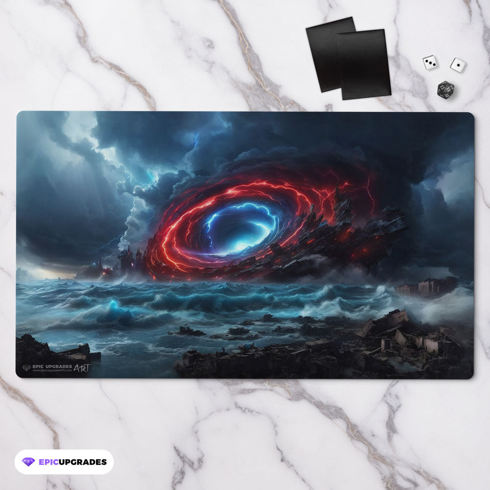 a violent rift-like storm brews in the distance, enveloping an entire city in mass destruction. inspired by the iconic edh cyclonic rift card. mtg commander play mat 24 inches by 14 inches