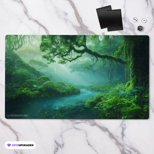 a breathtaking depiction of simic misty rainforest green blue forest island. dual land mana mtg player playmat. 24 by 14 inches cloth top rubber bottom.