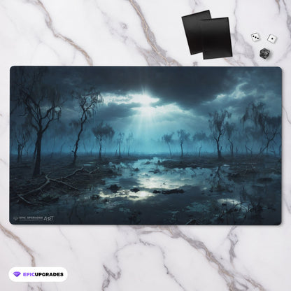 a breathtaking depiction of dimir polluted delta blue black island swamp. dual land mana mtg player playmat. 24 by 14 inches cloth top rubber bottom.