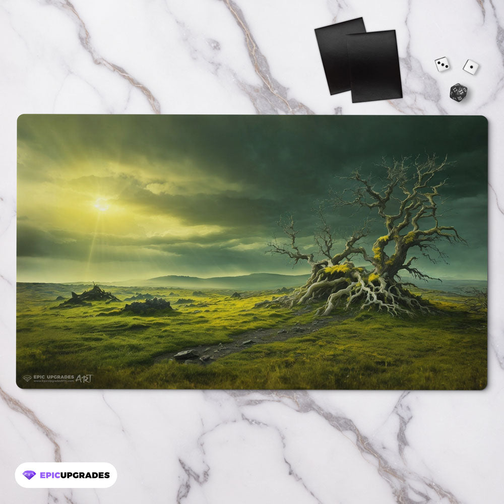 a breathtaking depiction of windswept heath selesnya white green plains forest. dual land mana mtg player playmat. 24 by 14 inches cloth top rubber bottom.