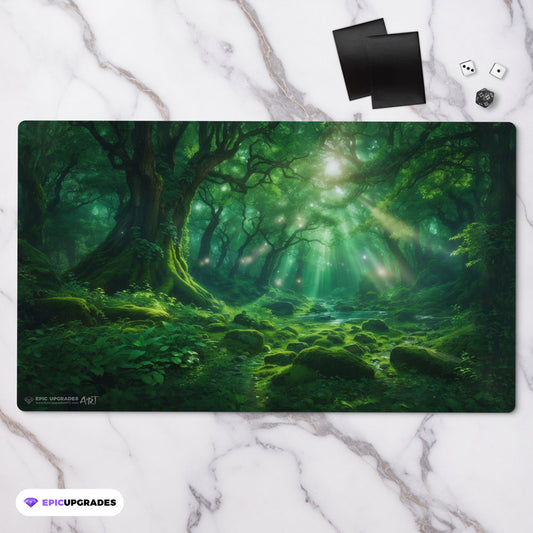 a beautiful green forest. mono green mana mtg player playmat. 24 by 14 inches cloth top rubber bottom.
