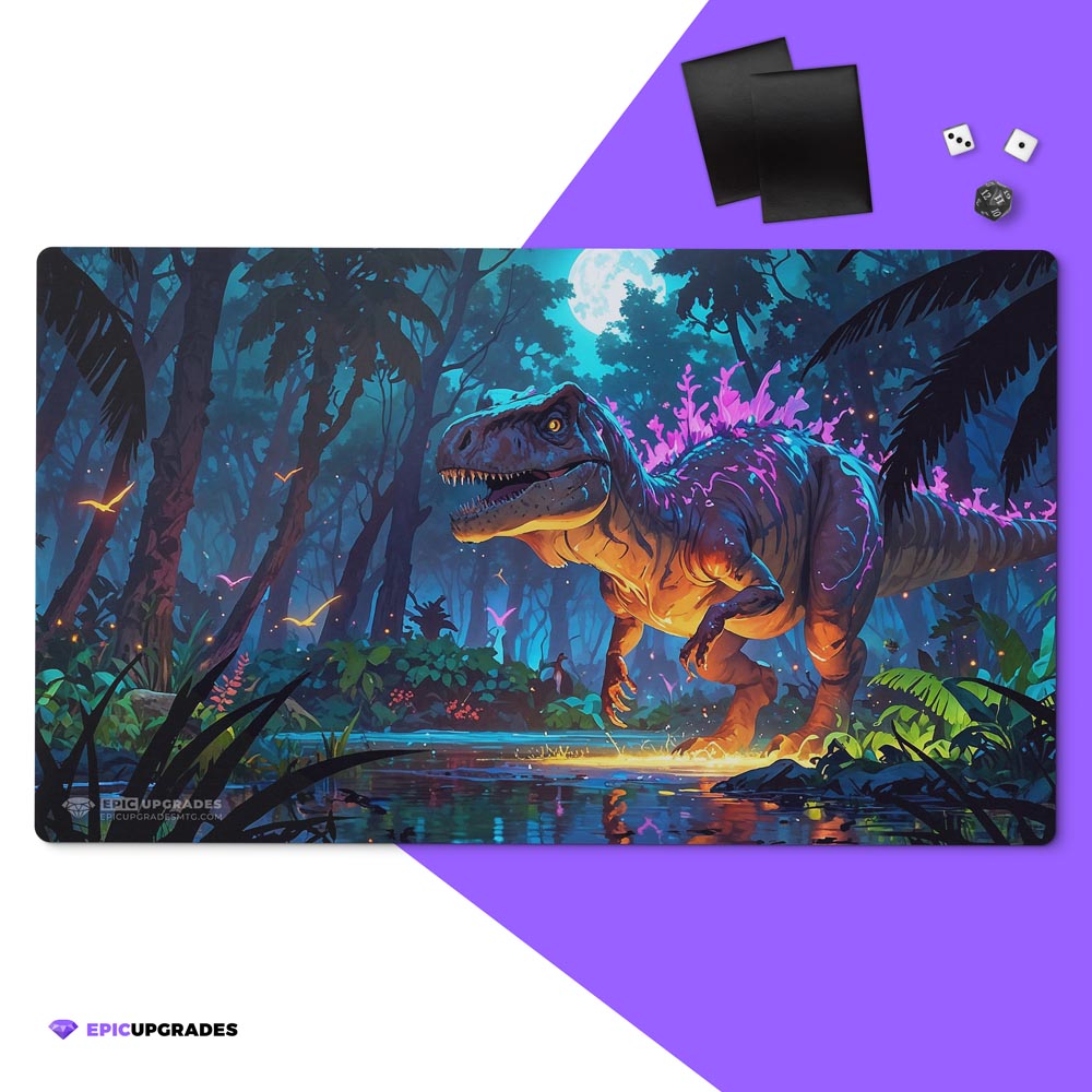 dinosaur cartoon playmat for magic the gathering players. 24" x 14" tribal card mat for commander EDH