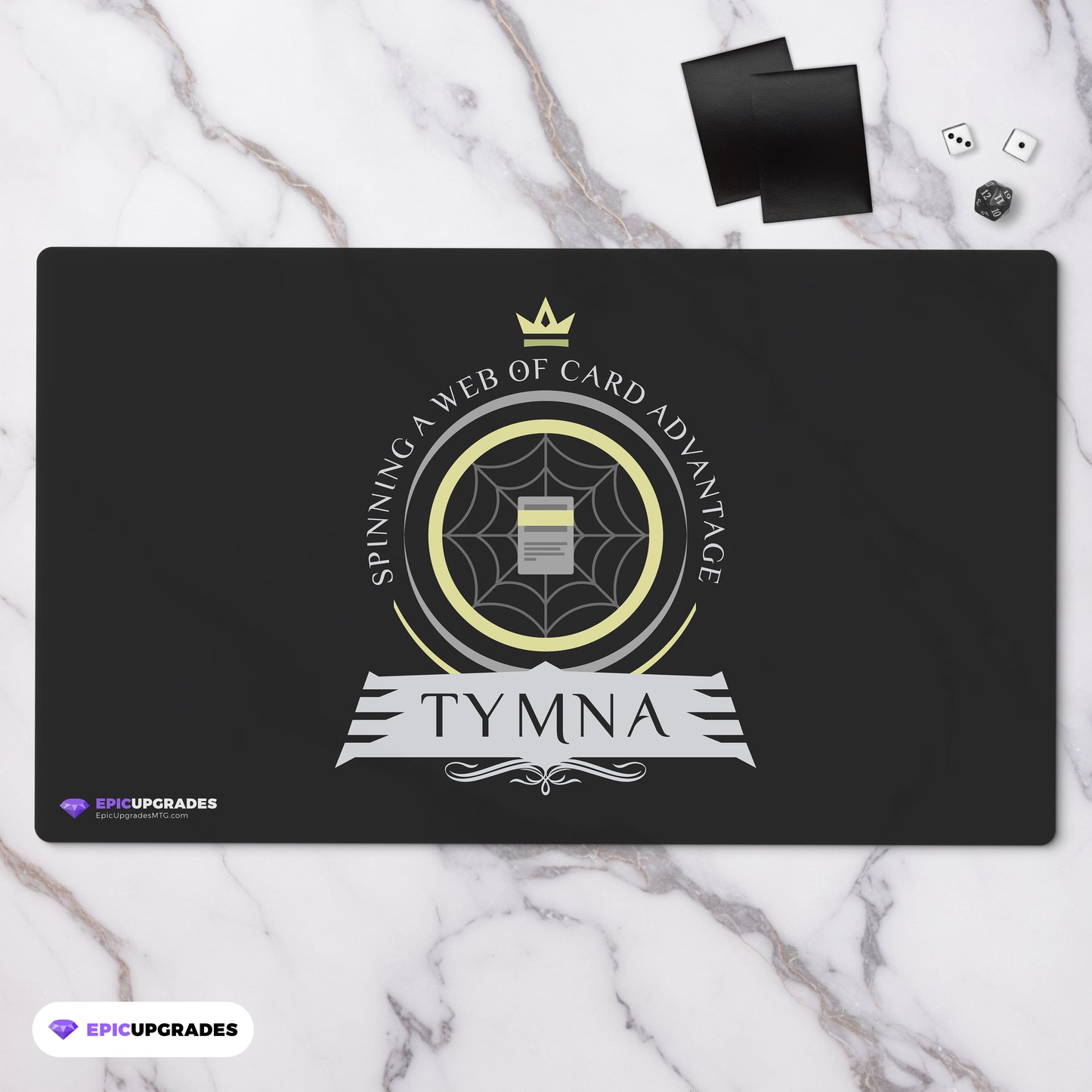 MTG-themed playmat featuring Tymna the Weaver, a legendary commander from the Magic: The Gathering card game. Tymna is a skilled weaver, surrounded by mystical threads and artifacts, ready to lead your deck to victory.