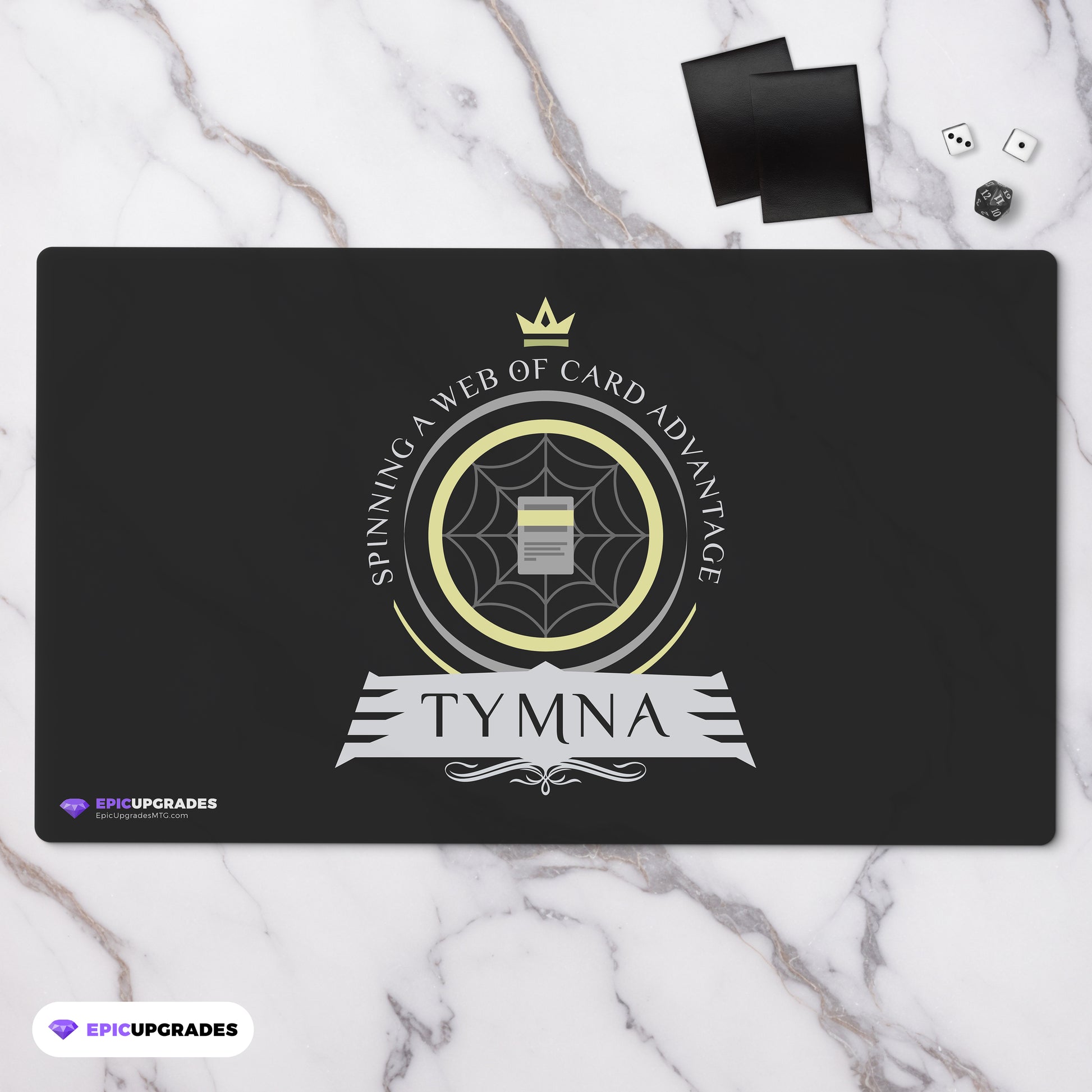 MTG-themed playmat featuring Tymna the Weaver, a legendary commander from the Magic: The Gathering card game. Tymna is a skilled weaver, surrounded by mystical threads and artifacts, ready to lead your deck to victory.