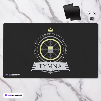 MTG-themed playmat featuring Tymna the Weaver, a legendary commander from the Magic: The Gathering card game. Tymna is a skilled weaver, surrounded by mystical threads and artifacts, ready to lead your deck to victory.