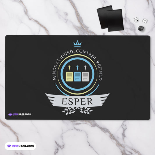 Vibrant, ethereal playmat featuring mesmerizing esper symbols in a cosmic backdrop, evoking mystic energies and enchanting visions. Perfect for avid Magic: The Gathering players seeking an otherworldly gaming experience.