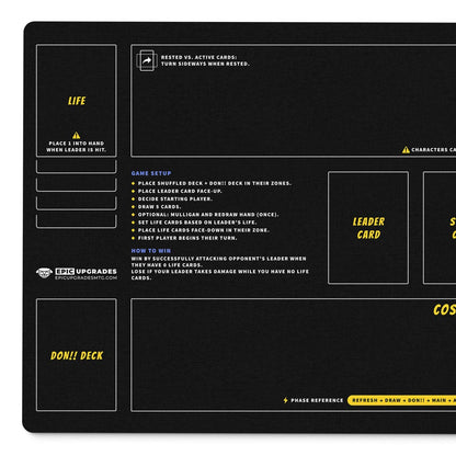 Beginner playmat for One Piece TCG players. Rookie play mat OPTCG newbies with zones, phases, keywords, and more. 24 by 14 inch dimensions. A helpful learning gift for onepiece DON!! tcg newcomers and new players.