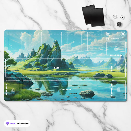 Palworld TCG playmat featuring the Emerald Highlands fantasy landscape with towering green mountains, a crystal-clear lake, and lush meadows. The 24x14-inch playmat includes clearly labeled game zones for Base, Soul Area, Soul Deck, Deck, Graveyard, Exile, Materials, Ingredients, Life, and Pal cards. Premium full-color artwork with an organized layout designed for casual and competitive Palworld TCG gameplay.