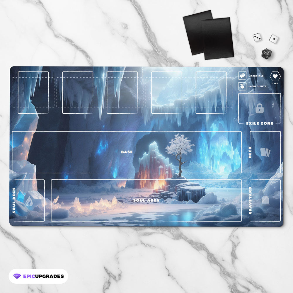 Palworld TCG playmat featuring the Crystal Cavern fantasy landscape with glowing blue ice formations, towering icicles, frozen crystals, and a snowy cavern. The 24x14-inch playmat includes clearly labeled game zones for Base, Soul Area, Soul Deck, Deck, Graveyard, Exile, Materials, Ingredients, Life, and Pal cards. Premium full-color artwork with an organized layout designed for casual and competitive Palworld TCG gameplay.