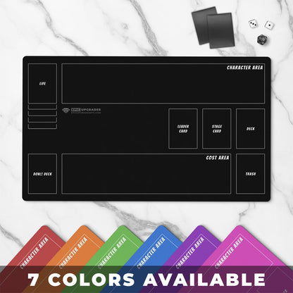 One Piece TCG playmat for OPTCG anime players minimal with zones. simple colored one piece card mat. 24 by 14 inch dimensions. helpful learning gift for one-piece newcomers. black, red, orange, green, blue, purple, or pink colors available