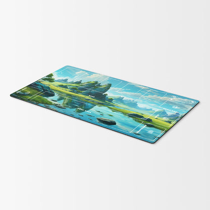 Palworld TCG playmat featuring the Emerald Highlands fantasy landscape with towering green mountains, a crystal-clear lake, and lush meadows. The 24x14-inch playmat includes clearly labeled game zones for Base, Soul Area, Soul Deck, Deck, Graveyard, Exile, Materials, Ingredients, Life, and Pal cards. Premium full-color artwork with an organized layout designed for casual and competitive Palworld TCG gameplay.