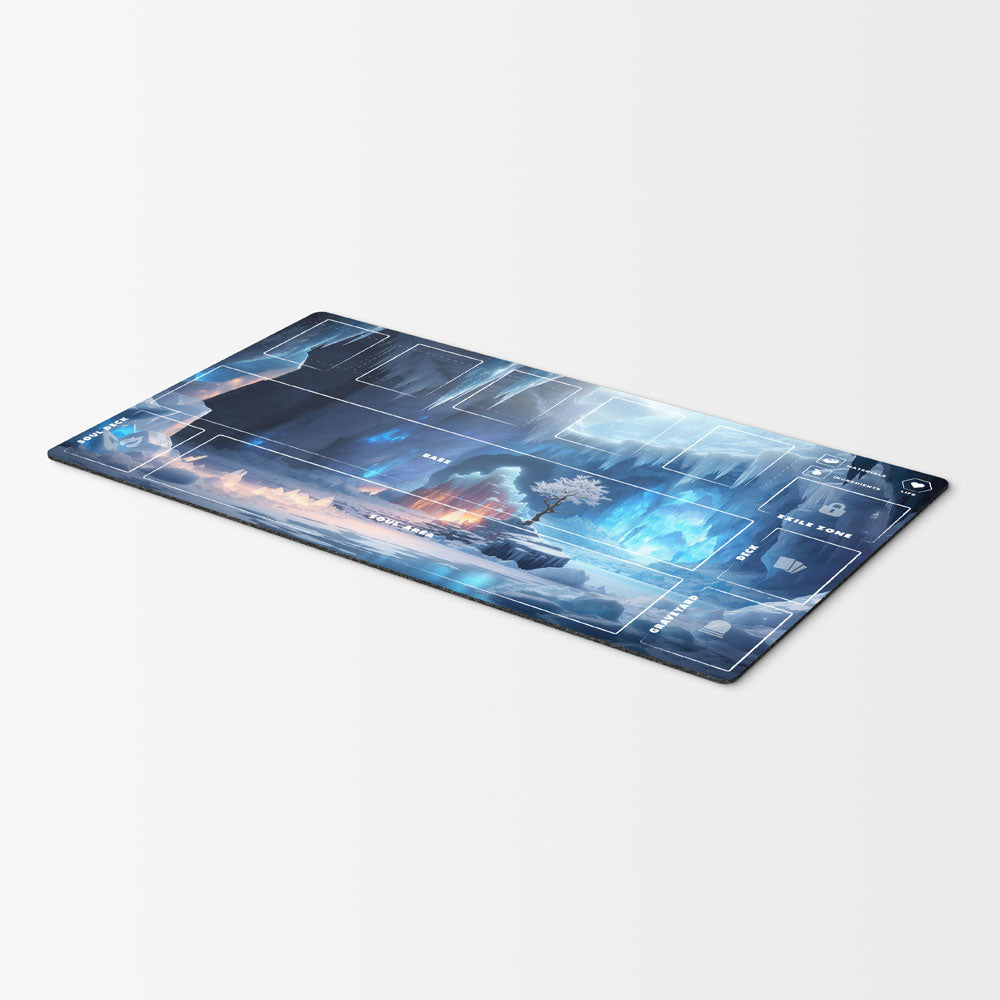 Palworld TCG playmat featuring the Crystal Cavern fantasy landscape with glowing blue ice formations, towering icicles, frozen crystals, and a snowy cavern. The 24x14-inch playmat includes clearly labeled game zones for Base, Soul Area, Soul Deck, Deck, Graveyard, Exile, Materials, Ingredients, Life, and Pal cards. Premium full-color artwork with an organized layout designed for casual and competitive Palworld TCG gameplay.