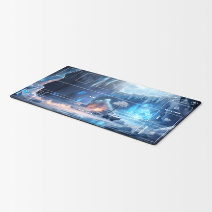 Palworld TCG playmat featuring the Crystal Cavern fantasy landscape with glowing blue ice formations, towering icicles, frozen crystals, and a snowy cavern. The 24x14-inch playmat includes clearly labeled game zones for Base, Soul Area, Soul Deck, Deck, Graveyard, Exile, Materials, Ingredients, Life, and Pal cards. Premium full-color artwork with an organized layout designed for casual and competitive Palworld TCG gameplay.