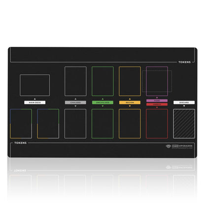 imperium horizons, classics, or legends themed black playmat used for organizing the marketplace in multiplayer tabletop gameplay. Card organization game mat accessory 24 inches by 14 inches. 2MM Thick