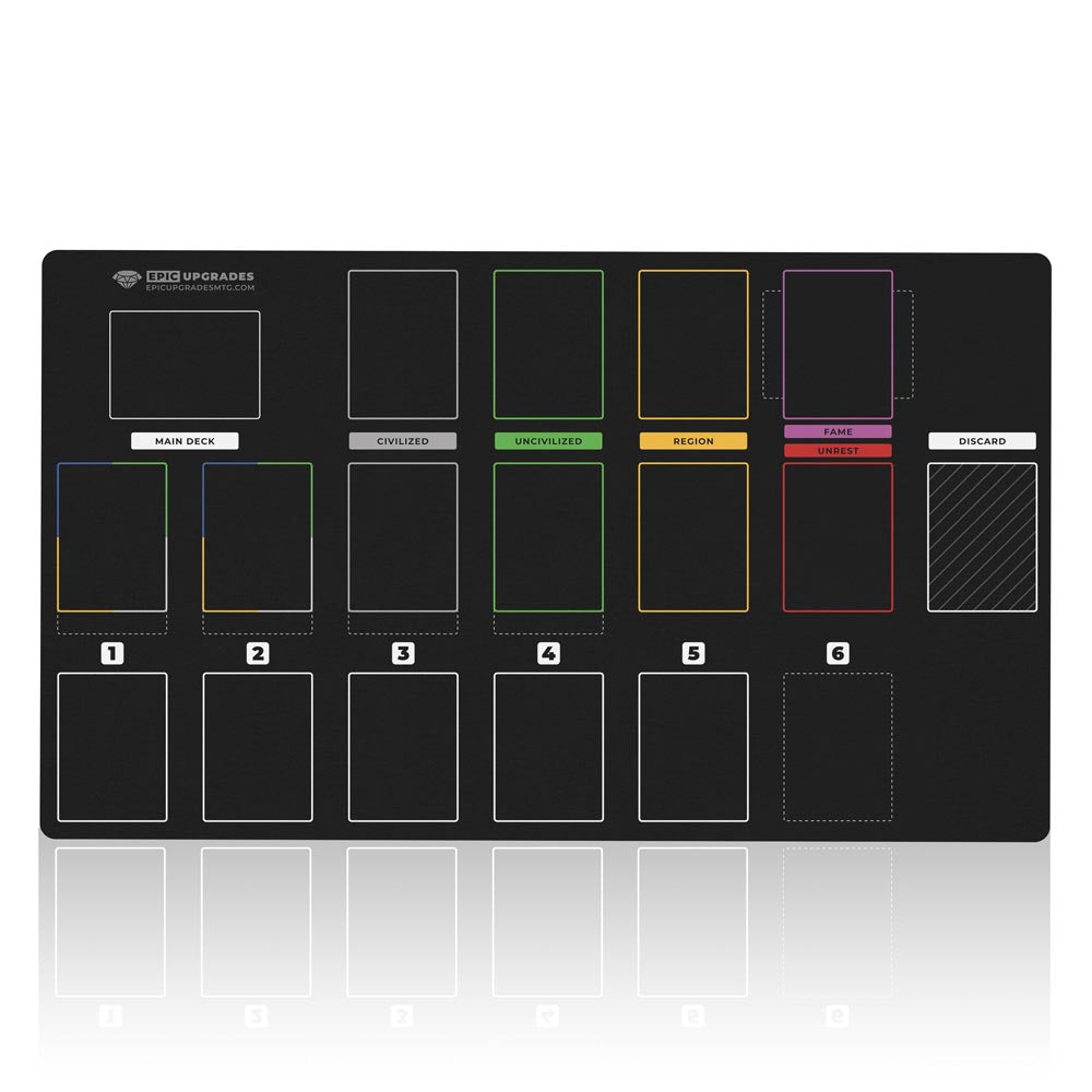 imperium horizons, classics, or legends-themed black playmat used for organizing the solo area for bot tabletop gameplay. Card organization game mat accessory 24 inches by 14 inches. 2MM Thick