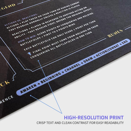 Riftbound playmat for new players — features clearly labeled zones, phase references, keyword guide, and point tracker. Durable 3mm non-slip rubber base with smooth polyester surface and fade-resistant high-resolution print. Perfect for organized gameplay, learning, and competitive matches. Handcrafted and printed in the USA.