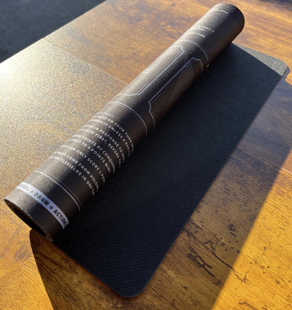 Riftbound playmat for new players — features clearly labeled zones, phase references, keyword guide, and point tracker. Durable 3mm non-slip rubber base with smooth polyester surface and fade-resistant high-resolution print. Perfect for organized gameplay, learning, and competitive matches. Handcrafted and printed in the USA.