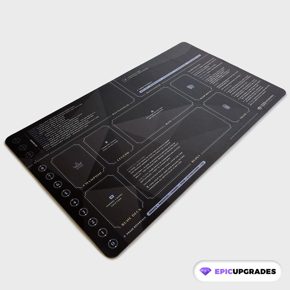 Riftbound playmat for new players — features clearly labeled zones, phase references, keyword guide, and point tracker. Durable 3mm non-slip rubber base with smooth polyester surface and fade-resistant high-resolution print. Perfect for organized gameplay, learning, and competitive matches. Handcrafted and printed in the USA.