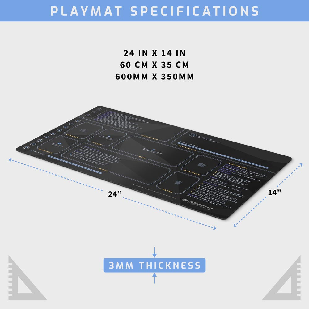 Riftbound playmat for new players — features clearly labeled zones, phase references, keyword guide, and point tracker. Durable 3mm non-slip rubber base with smooth polyester surface and fade-resistant high-resolution print. Perfect for organized gameplay, learning, and competitive matches. Handcrafted and printed in the USA.