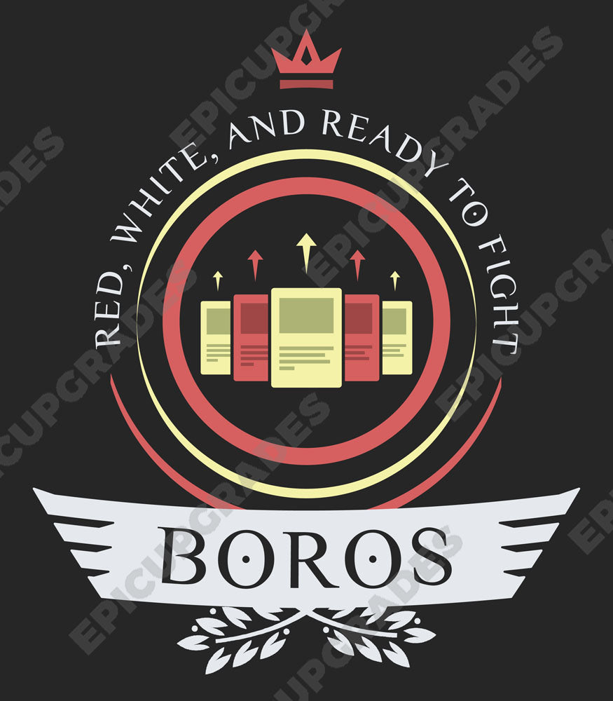 Boros pride shines bright! A red and white MTG t-shirt featuring fierce warriors, soaring angels, and burning passion. Unleash your fiery spirit!