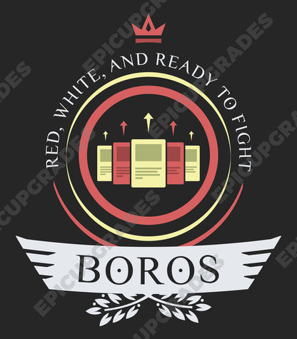 Boros pride shines bright! A red and white MTG t-shirt featuring fierce warriors, soaring angels, and burning passion. Unleash your fiery spirit!