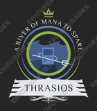 Thrashing waves surround Thrasios, the Triton Hero, as he wields immense power, ready to embark on epic adventures in the vast world of Magic: The Gathering. A vibrant and captivating playmat for devoted MTG enthusiasts.