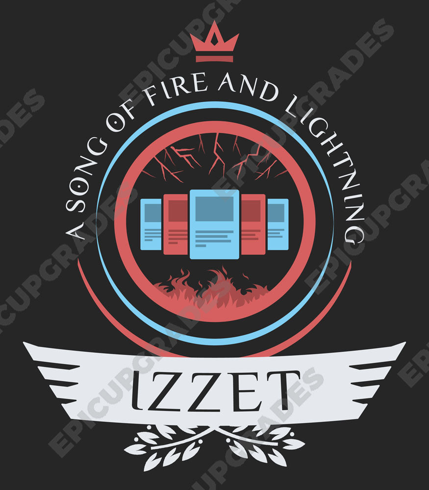 An electrifying MTG t-shirt featuring the Izzet guild's iconic emblem, showcasing their mastery of fire and lightning in a vibrant and spellbinding design. Perfect for any avid Planeswalker.