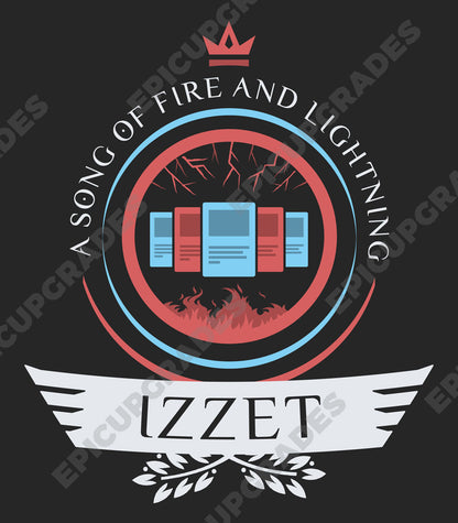An electrifying MTG t-shirt featuring the Izzet guild's iconic emblem, showcasing their mastery of fire and lightning in a vibrant and spellbinding design. Perfect for any avid Planeswalker.