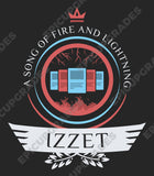 An electrifying MTG t-shirt featuring the Izzet guild's iconic emblem, showcasing their mastery of fire and lightning in a vibrant and spellbinding design. Perfect for any avid Planeswalker.