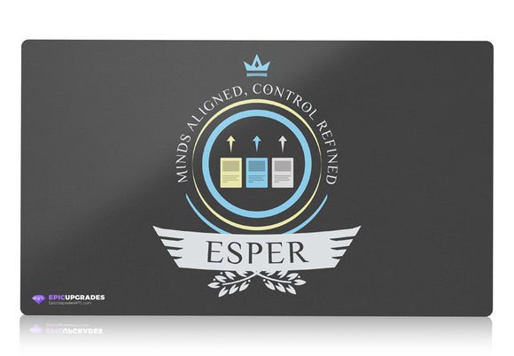 Vibrant, ethereal playmat featuring mesmerizing esper symbols in a cosmic backdrop, evoking mystic energies and enchanting visions. Perfect for avid Magic: The Gathering players seeking an otherworldly gaming experience.