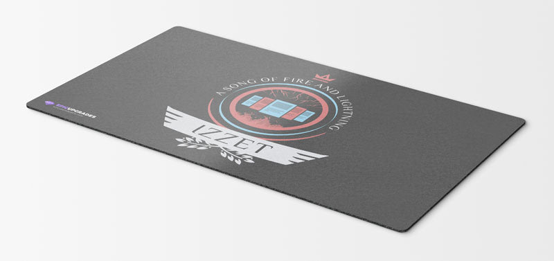 Izzet-themed MTG playmat featuring electrifying blue and red mana symbols, swirling arcane energy, and the iconic guild emblem, sparking creativity and explosive spellcasting.