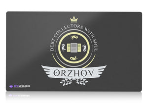 An elegant Orzhov-themed MTG playmat featuring a striking blend of black and white colors. Intricate motifs of angels, guild symbols, and opulent architecture adorn this beautifully designed playmat, capturing the essence of Orzhov's power and ambition.