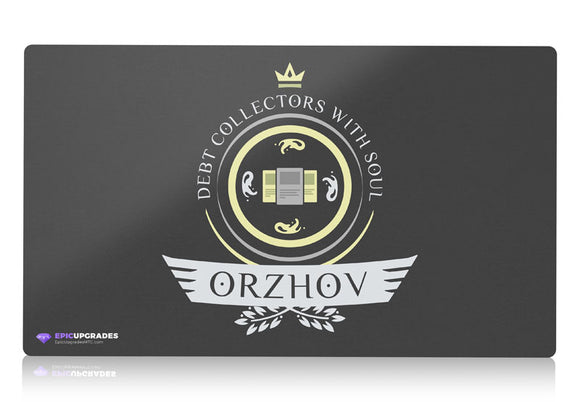 An elegant Orzhov-themed MTG playmat featuring a striking blend of black and white colors. Intricate motifs of angels, guild symbols, and opulent architecture adorn this beautifully designed playmat, capturing the essence of Orzhov's power and ambition.