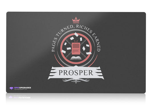 An elegant Prosper-themed playmat featuring a bound tome design, perfect for Magic: The Gathering enthusiasts. Depicts intricate artwork in vibrant colors, showcasing the essence of this beloved game.
